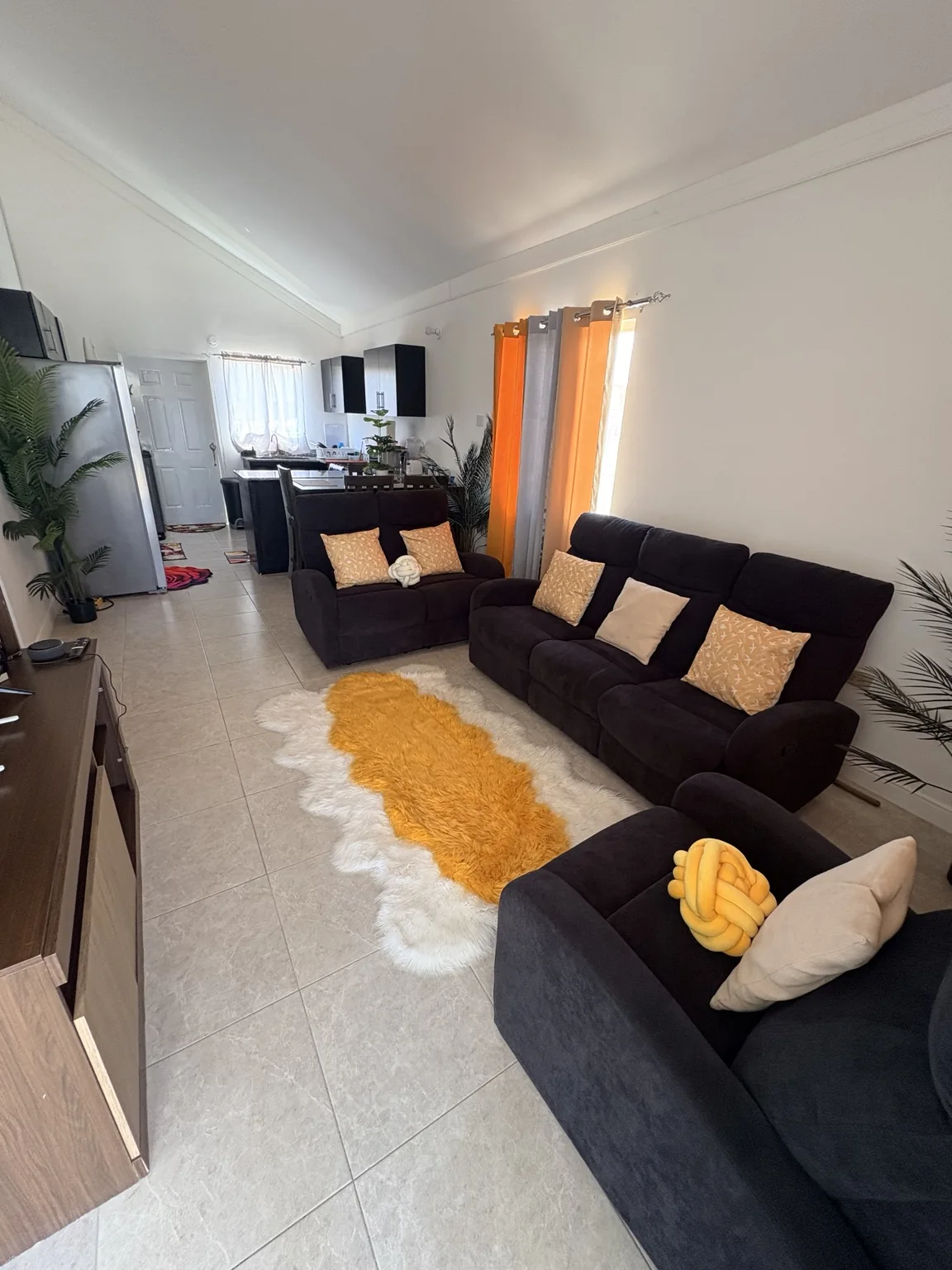 Clean living area with neatly arranged sofas and floor